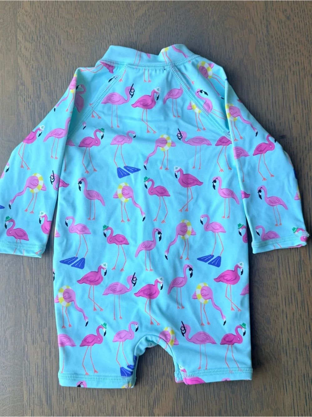 Janie and Jack Teal One-Piece Rashguard with Pink Flamingos - size 0-3 M